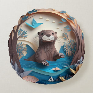 Paper Art Origami Otter in Water 3D Rond Kussen
