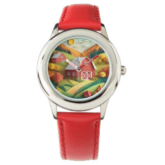 Paper Art Origami Style Boerderij Scene Horloge