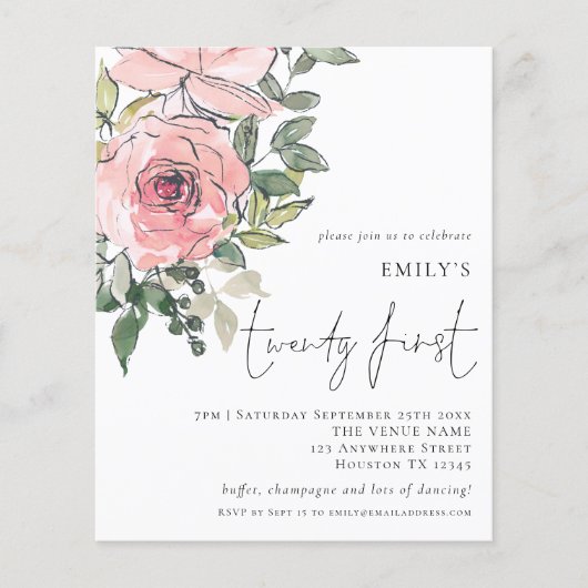 PAPER Blush Pink Florals 21st Birthday Invite Flyer (Voorkant)