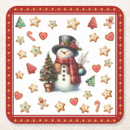 Paper Coaster Snowman and Christmas Cookies Red Vierkante Kartonnen Onderzetter