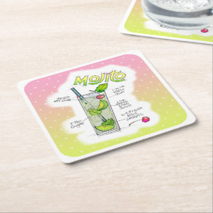 PAPER COASTERS - MOJITO RECEPT COCKTAIL KUNST VIERKANTE KARTONNEN ONDERZETTER