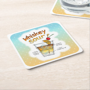 PAPER COASTERS - WHISKEY SOUR RECEPT COCKTAIL KUNS VIERKANTE KARTONNEN ONDERZETTER