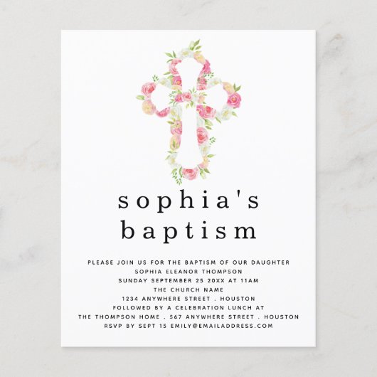 PAPER Pink Florals Cross Baptism Invitation Flyer (Voorkant)