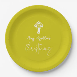 Paper Plate Floral Cross Christening Yellow Papieren Bordje