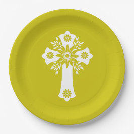 Paper Plates Floral Cross Yellow Papieren Bordje
