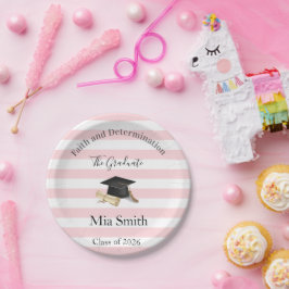 Paper Plates, Pink & White Stripe Graduate 2026 Papieren Bordje