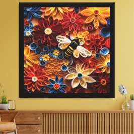 Paper Quilling Design Bee surrounded by Flowers Canvas Afdruk