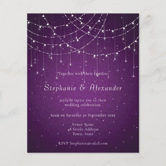 PAPER Royal Paars & String Lights Wedding Invite Flyer (Voorkant)