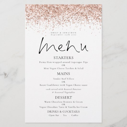 PAPER Roze Goud Glitter Script Trouwmenu Flyer (Voorkant)