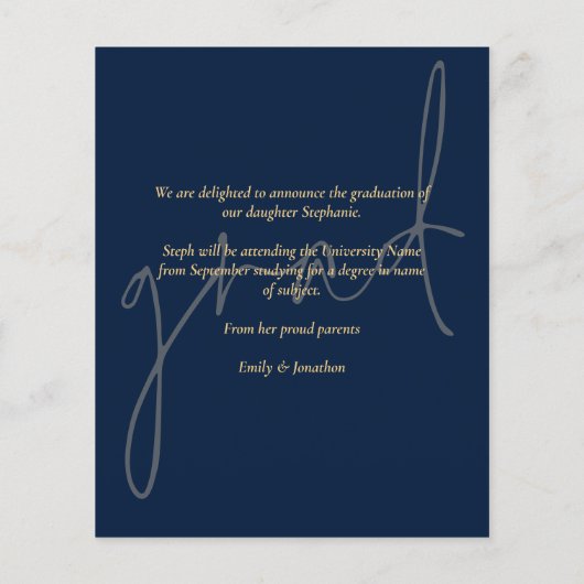 PAPER Script Navy Gold Afstuderen aankondiging Flyer (Achterkant)