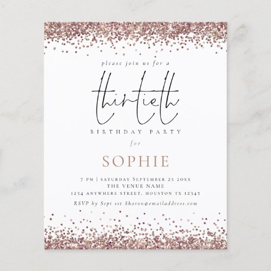 PAPER Trendy Roos Gold Glitter 30th Party Invite Flyer (Voorkant)