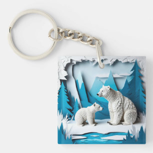 Papercraft scène met ijsberen in blauwe Arctische Sleutelhanger