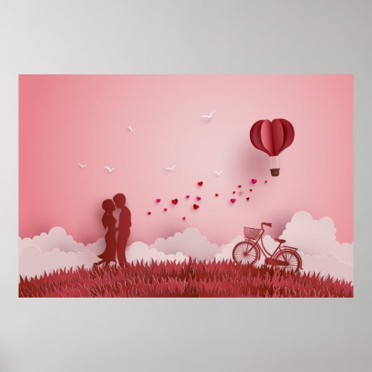 Papercut Couple Red Bide Hot Air ballon Poster (Voorkant)