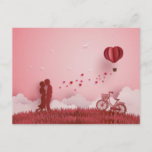 Papercut Koppel Rode Fiets Heet Luchtballon Briefkaart