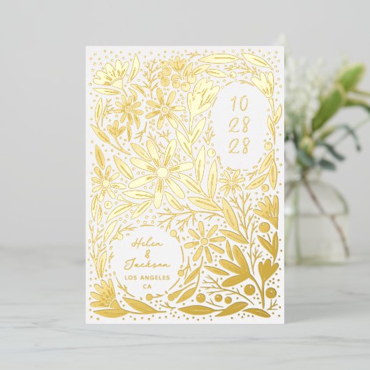Papercut rustieke bloemen opslaan van de datum folie uitnodiging (Staand Voorkant)