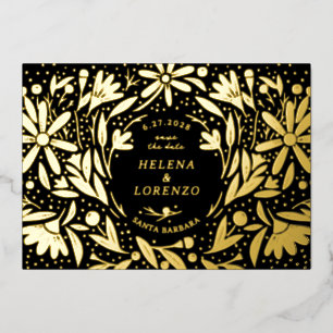 Papercut rustieke bloemen zwart Save the Date goud Folie Uitnodiging