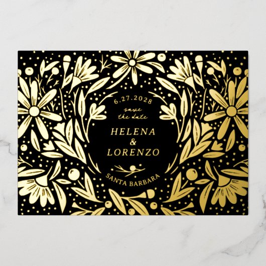 Papercut rustieke bloemen zwart Save the Date goud Folie Uitnodiging (Voorkant)