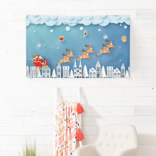 Papercut Santa en Rendier over de stad Kerstmis Spandoek (Insitu)