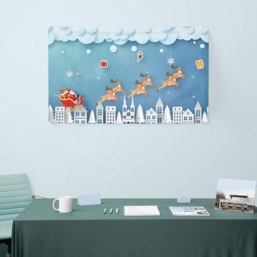 Papercut Santa en Rendier over de stad Kerstmis Spandoek (Beurs)