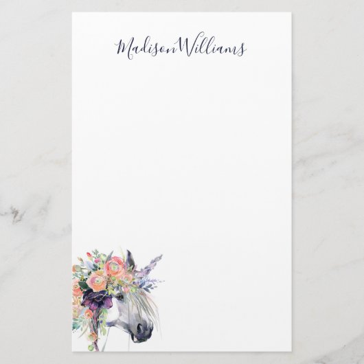 Papeterie Ajoutez votre licorne habillée | florale nommée (Devant)