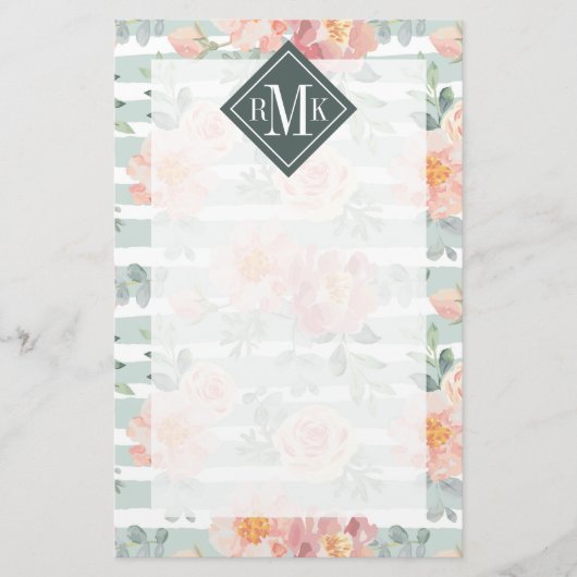 Papeterie Ajoutez votre motif rose de rayure du monogramme | (Devant)
