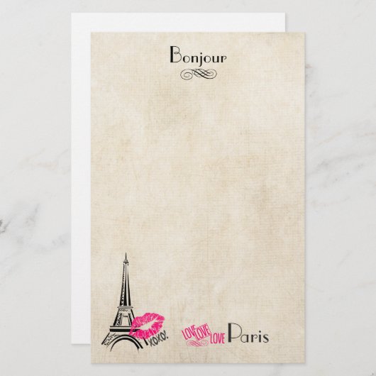 Papeterie Amour Paris avec la Tour Eiffel sur Parchemin Text (Devant / Derrière)
