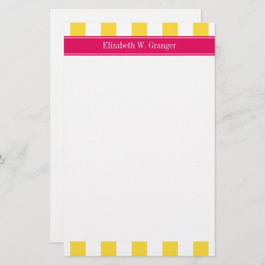 Papeterie Ananas White XL Stripes, Raspberry Nom Monogramme (Devant / Derrière)