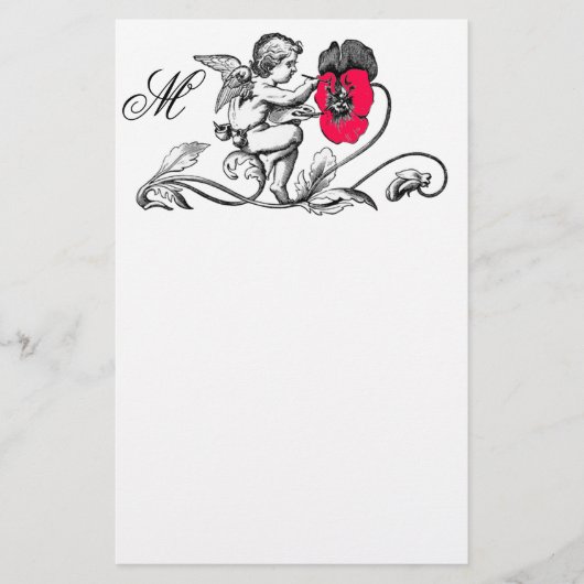 PAPETERIE ANGE PEINTURE D'UN MONOGRAMME DE FLEURS ROSES (Devant)