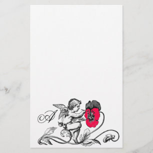 PAPETERIE ANGE PEINTURE D'UN MONOGRAMME DE FLEURS ROSES