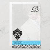Papeterie Aqua Blue Damask Monogram Mariage (Devant / Derrière)