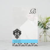 Papeterie Aqua Blue Damask Monogram Mariage (Debout devant)