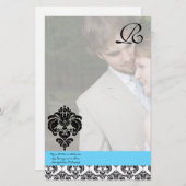 Papeterie Aqua Blue Damask Monogram Mariage (Devant / Derrière)