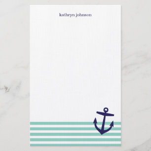 Papeterie Aqua & Navy Blue Nautical Stripes & Cute Ancre