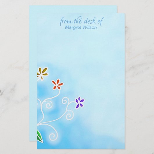 Papeterie Aquarelle bleu avec Fleurs Whimsical personnel (Devant / Derrière)