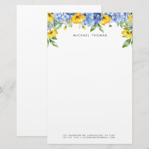 Papeterie Aquarelle Bleu Hydrangeas & Jaune Floral