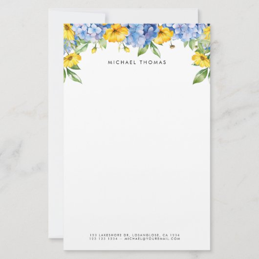 Papeterie Aquarelle Bleu Hydrangeas & Jaune Floral (Devant)