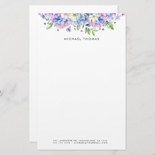 Papeterie Aquarelle Bleu Hydrangées & Fleurs Blanches Floral (Devant / Derrière)