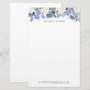Papeterie Aquarelle Bleu Hydrangées & Roses Blanches Floral