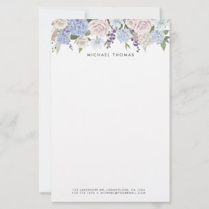 Papeterie Aquarelle Bleu Hydrangées & Roses Blanches Floral