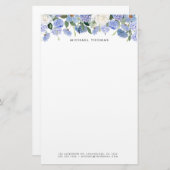 Papeterie Aquarelle Bleu Hydrangées & Roses Blanches Floral (Devant / Derrière)