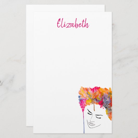 Papeterie Aquarelle colorée à cheveux funky (Devant / Derrière)