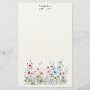 Papeterie Aquarelle de roses trémières et clôture en bois ru