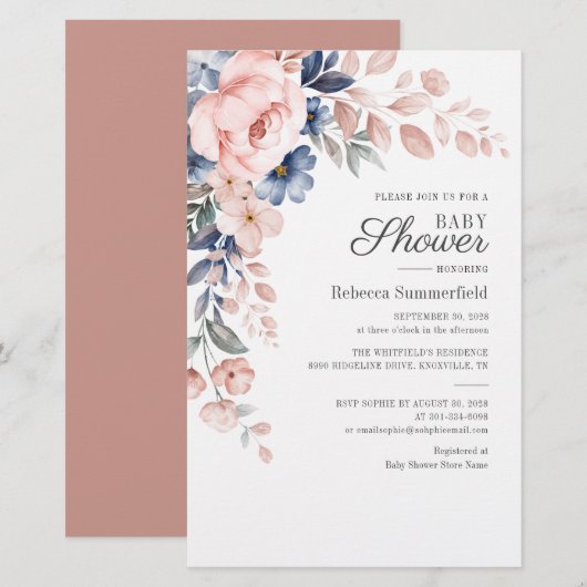 Papeterie Aquarelle florale moderne Baby shower bleu rose (Devant / Derrière)