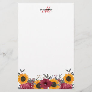 Papeterie Aquarelle Florale Tournesol Bourgogne Note Monogra