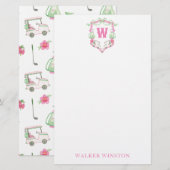 Papeterie Aquarelle Pink & Green Golf Panier Monogram Crest (Devant / Derrière)