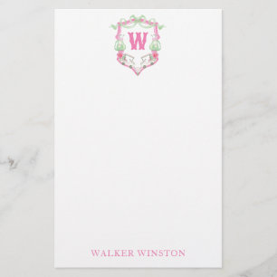 Papeterie Aquarelle Pink & Green Golf Panier Monogram Crest
