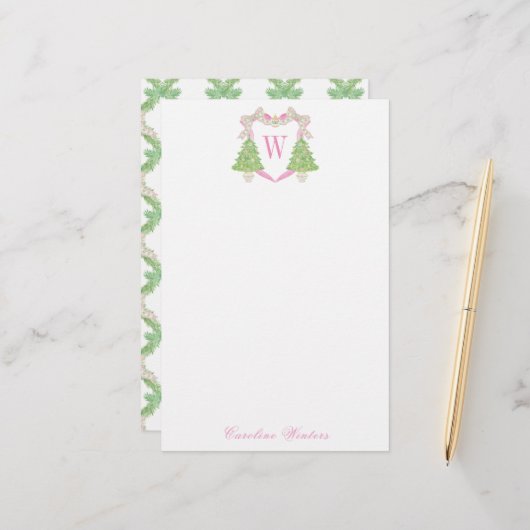 Papeterie Aquarelle rose Arbre de Noël Monogramme Crest (Devant/Arrière en situation)
