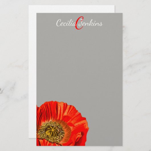 Papeterie Aquarelle Rouge Populaire Fleur et Nom (Devant / Derrière)