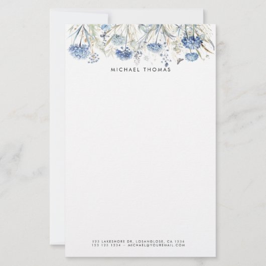 Papeterie Aquarelle rustique Dusty Blue Hydrangeas Floral (Devant)