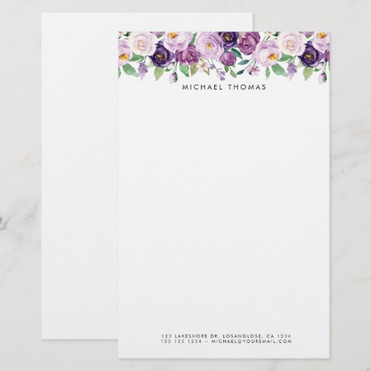 Papeterie Aquarelle Violet violet Fleurs pourpres Personnali (Devant / Derrière)